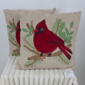 2 St. Nicholas Square Red Cardinal Embroidered Holiday Pillow W/Green Accents